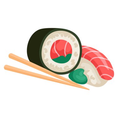 Sushi, yemek menüsü tasarımı restoran tanıtımı veya mutfak temalı sanat eserleri için ideal metin ile beyaz zemin üzerinde çizgi film stili düz vektör çizimini yuvarlar