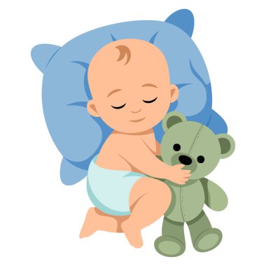 Yatakta uyuyan tatlı küçük bebek oyuncak ayıya sarılan renkli çizgi film vektör çizimi bebek dekorasyonu için mükemmel çocuk masalı ya da bebek teması