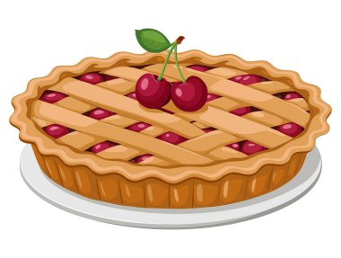 Tatlı, taze vişneli turta ikonu vektör illüstrasyonu. Beyaz arka planda izole edilmiş vişne turtası. Meyve tatlısı veya fırın temalı tasarımlar için mükemmel.