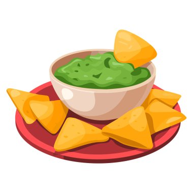 Geleneksel Meksika mutfağı vektör çizimi nachos cipsi ve guacamole yemek menüsü tasarımı için mükemmel kafe tarifi veya mutfak temalı sanat eseri
