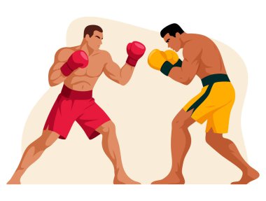 İki güçlü profesyonel boksör, şort ve eldiven giyiyor. Çizgi film vektör illüstrasyonunda dövüşüyor. Spor tasarım yarışması veya aksiyon temalı sanat eserleri için mükemmel.