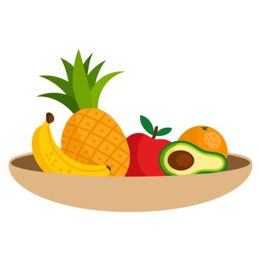 Beyaz arka planda izole edilmiş bir tabak vektörü çizimindeki çeşitli meyveler sağlıklı yemek tarifi ve mutfak temalı tasarımlar için mükemmeldir.