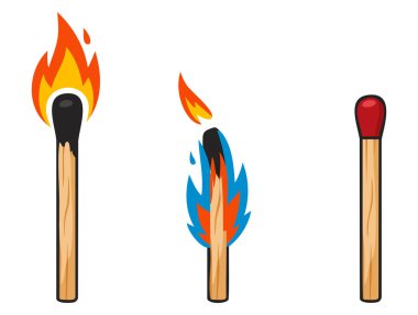 Ateş güvenliği kavramı tasarımı ve dramatik yaratıcı sanat çalışmaları için ideal alev ilerlemesi gösteren vektör çizim çubuğu yakma kibriti seti