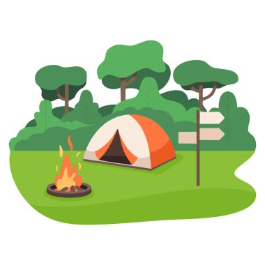 Vektör illüstrasyon kamp çadırı turist kampı açık hava macera ormanı kamp alanı tatil teması seyahat tasarımı ve açık hava yaşam tarzı grafikleri için mükemmel.