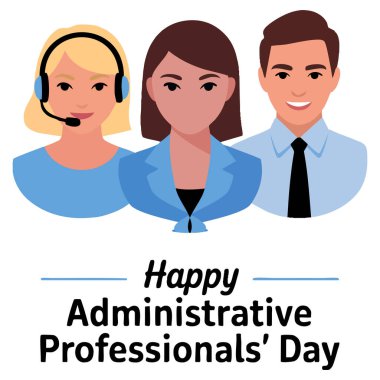 İdari Profesyoneller Günü 'nü kutlayan vektör illüstrasyonunda erkek ve kadın ofis çalışanları tebrik kartı posteri veya sosyal medya tasarımları için mükemmel