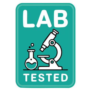 Vektör illüstrasyon laboratuarı bilimsel kalite elementi için mükemmel izole edilmiş tasarımın içinde mikroskop ve laboratuvar şişesiyle yuvarlanmış dikdörtgen pulu test etti.