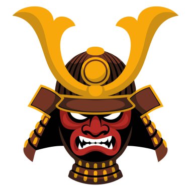 Tarihsel zırh tasarımı, savaşçı kültürü ve Japon temalı yaratıcı sanat eserleri için ideal boynuzları olan antik samuray savaşçı kaskının vektör çizimi.