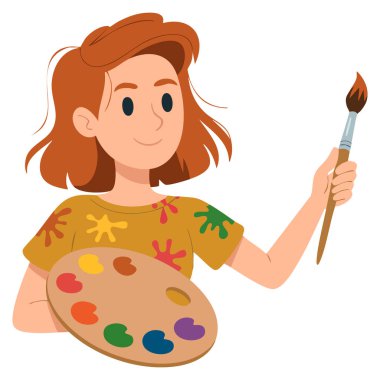 Mavi saç paleti ve boya fırçası taşıyan sanatçı kız karakterinin vektör çizimi resim çizimi için ideal yaratıcı okul veya hobi sanat eseri