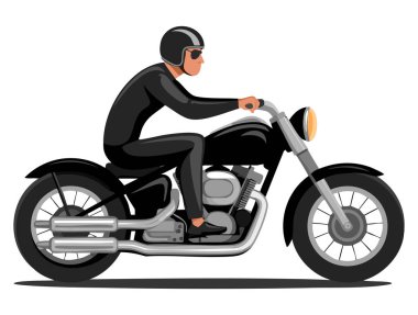 Motosiklet kullanan sakallı erkek motorcunun temsili resmi siyah deri kasklı helikopter çizimi macera, ulaşım ya da spor için mükemmel.