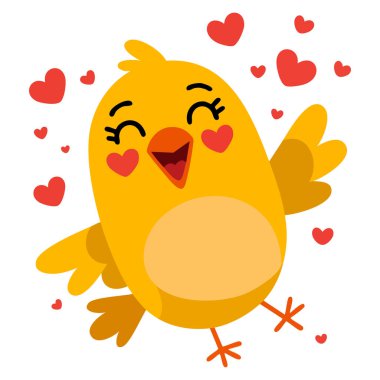 Mutlu gözleri olan, neşeli yemek temalı tebrik kartları çıkartmaları ya da dekorasyon için ideal komik kuş çizgi filmlerindeki sevimli tavukların vektör çizimi