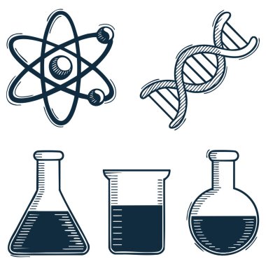 Araştırma bilimi temalı eğitim eskizi veya yaratıcı laboratuvar çizimleri için uygun beyaz arkaplan üzerine deney karalama tasarımının vektör illüstrasyonuName
