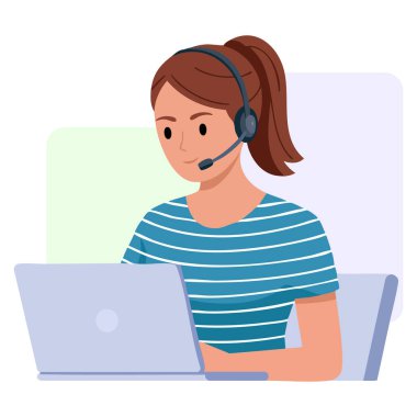 Müşteri destek servisi yardımcı masası ve çevrimiçi teknik destek temaları için kulaklığı olan kadın çağrı merkezi operatörünün vektör illüstrasyonu ideal