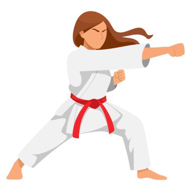 Beyaz kimonolu kadın karate dövüşçüsünün vektör çizimi dövüş sanatları, Japonya ve spor tasarımları için ideal karikatür stili sergiliyor.