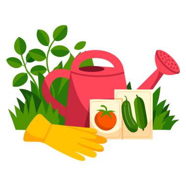 Bahçe ürünleri yetiştirmek için ideal su kovası ve tohum ile bahçe envanterinin vektör illüstrasyonu. Doğanın eğitici ya da dekoratif temalı sanat eserleri.