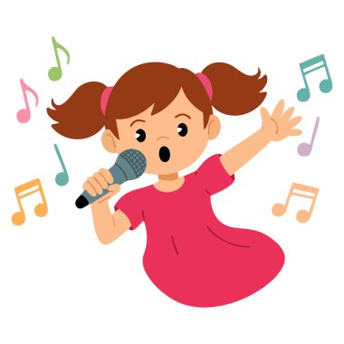 Beyaz zemin üzerinde izole edilmiş şirin çizgi film tarzında kız şarkıcının vektör illüstrasyonu müzik temalı karakterler için ideal çocuk illüstrasyonu tasarımı