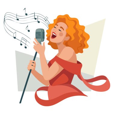 Müzik, performans, eğlence, şarkıcı ya da sahne ile ilgili yaratıcı sanat eserleri için ideal çizgi film tarzında şarkı söyleyen bir kızın vektör illüstrasyonu