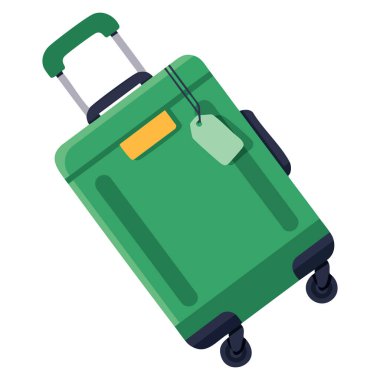 Seyahat, tatil, bavul, tatil, tatil ve çizgi film tarzı macera tasarımı için mükemmel tekerlek üzerindeki yeşil plastik bavulun vektör çizimi