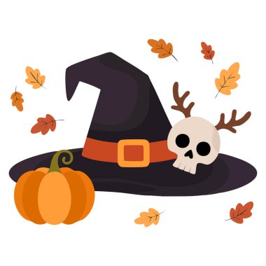 Cadılar Bayramı Cadı Şapkası ve Balkabağı 'nın vektör çizimi ürkütücü parti kutlaması için ideal dekorasyon ve tatil temalı yaratıcı sanat eserleri