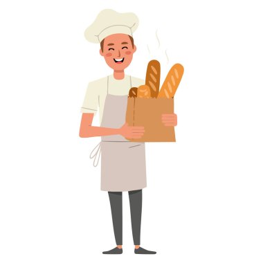 Fransız ekmeğini kese kağıdında tutan mutlu genç fırıncının vektör çizimi beyaz arka planda izole edilmiş pasta ve gıda tasarımı kavramları için idealdir.