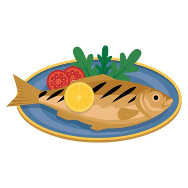 Sağlıklı ızgara ve sebzeli balığın vektör çizimi tabak sunumu için ideal fırında balık salatası ikonu ve kızarmış balık limonlu roka domatesleri.