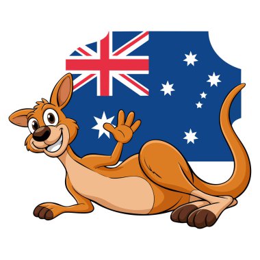 Spor, ulusal, hayvan ve Avustralya temalı tasarımlar için uygun beyaz zemin üzerinde izole edilmiş Avustralya bayraklı top ile kanguru vektör ilülasyonu