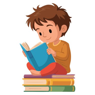 Küçük çocuğun kitap yığınları üzerine kitap okumasının vektör illüstrasyonu çocuklar için ideal eğitim hayal gücü konsepti çizgi film tarzı ve öğrenme sanatı