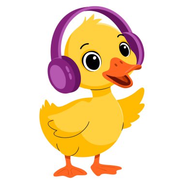 Kulaklıklı, sevimli emoji karakterleri için ideal müzik dinleyen küçük sarı ördek civcivinin vektör çizimi. Eğlenceli ve çizgi film sanatları.