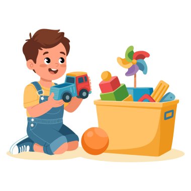 Torunlarından ve büyükbabalarından kalma bir kutuda bir sürü oyuncakla oynayan küçük çocuğun vektör çizimi aile ve çocukluk tasarımı için ideal eğlence dizisi.