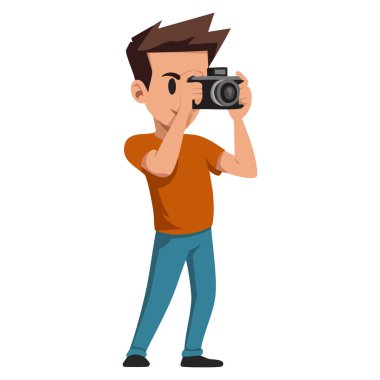 Beyaz arka planda kameralı erkek fotoğrafçı karakterinin vektör illüstrasyonu hobi veya profesyonel fotoğraf tasarımı için ideal yaratıcı temalı sanat eseri.