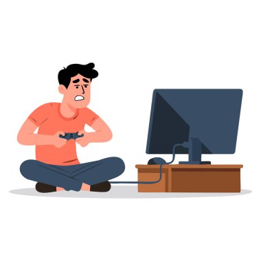 Kumar bağımlılığını ve zihinsel sağlık bilincine uygun kötü alışkanlığı vurgulayan video oyunu oynayan bir adamın vektör illüstrasyonu