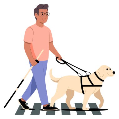 Rehber köpekle yürüyen adamın vektör çizimi görme engelli erişilebilirlik için mükemmel şehir yaya geçidi ya da yaya geçidi temalı tasarımlar için