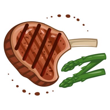 Beyaz arka planda et pirzolası ve kuşkonmazın vektör çizimi mutfak temalı yemek menüsü tasarımı veya mutfak ile ilgili sanat eserleri için mükemmeldir.