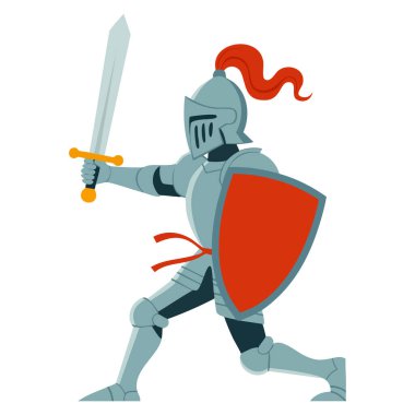 Ortaçağ zırhlı şövalyesinin tasviri. Kılıç ve kalkanla saldırıyor. Fantezi krallığı savaş öyküsü ya da tarihi temalı sanat eserleri için mükemmel.
