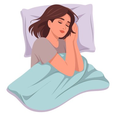 Yatakta yalnız uyuyan insanların temsili yastıklar ve battaniyelerle mutlu uyku zamanı, derin rüyalar ve rahatlama konsepti tasarımları için mükemmel.