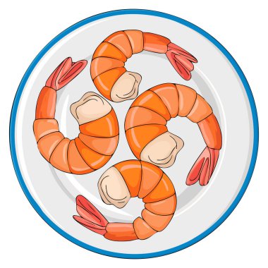 Yuvarlak tabakta karides parçalarının vektör çizimi yemek menüsü düzeni için mükemmel deniz ürünleri restoranlarının markalaşması veya yemek temalı sanat eserleri için.