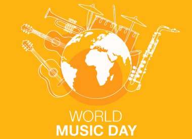 Dünya gezegeninin, 21 Haziran müzik farkındalığı ve eğitimi için mükemmel müzik aletleriyle tasvir edilmesi.