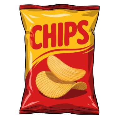 Atıştırmalık temalı yemek tasarımı ya da renkli karikatür çizimleri için mükemmel beyaz zemin üzerinde patates cipsi paketinin vektör çizimi