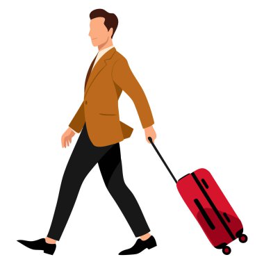 Seyahat yolculuğu ve ulaşım tasarımı kavramları için uygun bavullu erkek karakter yürüyen yolcu ile demiryolu sahnesinin vektör çizimi