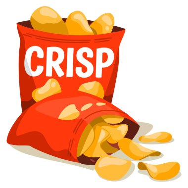 Kırmızı çantalı patates cipslerinin vektör çizimi beyaz zemin üzerinde izole edilmiş gıda ürünü paketleme etiketi veya atıştırmalık temalı sanat eseri için ideal paket