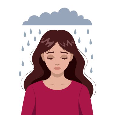 Depresyon ve melankoliyi ifade eden üzgün kadının vektör çizimi duygusal farkındalık için mükemmel zihinsel sağlık posterleri veya sosyal medya görselleri