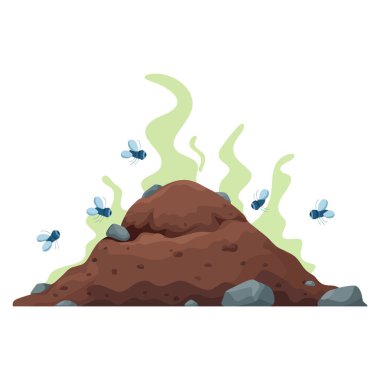 Çöp yığını manzarasının vektör çizimi çöp dağlarının etrafında uçuşan sinekler ve kirli yığınların üzerinde böceklerle kirlenmiş bir manzara yaratıyor.