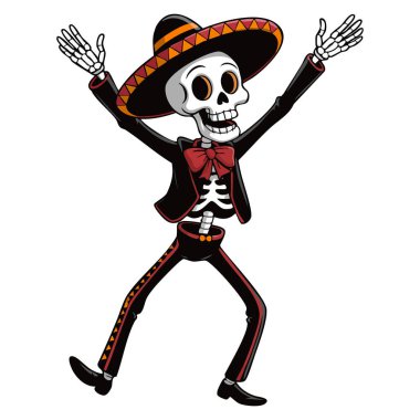 Dia de los Muertos Ölüler Günü için ideal Meksika ulusal kostümlü iskelet dansının vektör çizimi kültürel bayram temalı tasarımlar