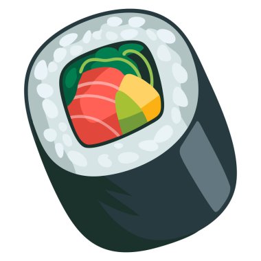Japon mutfağı temalı görsel ambalaj menüleri ve renkli yemek sanatı için ideal karikatür tarzı somon ve nori pilavlı suşi rulosunun vektör çizimi