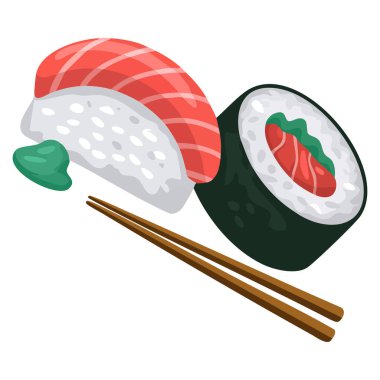 Suşi rulolarının vektör çizimi beyaz zemin üzerinde düz çizgi film tarzı restoran menüsü tasarımı yemek tanıtımı ya da mutfak yaratıcı tasarımları için mükemmel