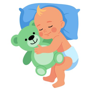 Tatlı bebeğin yatakta uyumasının, oyuncak ayıya sarılmasının, renkli çizgi film tarzının, çocuk dekorasyonu ve masal teması için ideal bir temsili temsili sunumu.