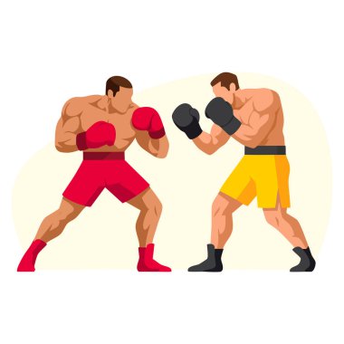 Spor tasarımı yarışması ya da çizgi film karakteri çizimleri için ideal olan şort ve eldivenlerle ringde dövüşen iki profesyonel boksörün vektör çizimi