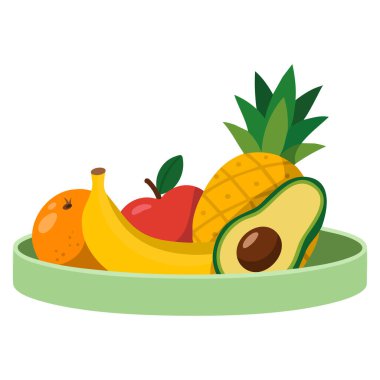 Beyaz arka planda izole edilmiş bir tabakta çeşitli meyvelerin vektör çizimi sağlıklı yemek tarifi veya dekoratif sanat tasarımları için idealdir.