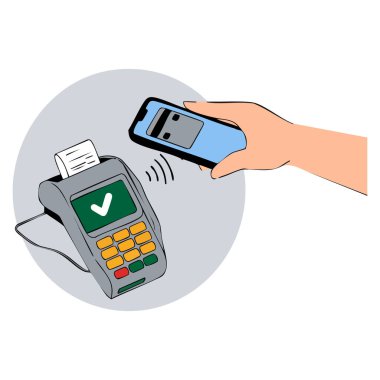 POS terminali ve NFC akıllı telefonu ile kablosuz ödemenin vektör ilülasyonu ödeme işaretinin teknoloji, fintech ve perakende tasarımı için ideal olduğunu gösteriyor