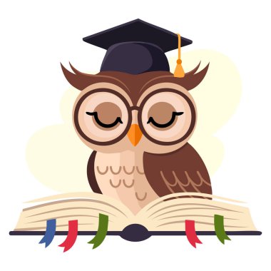 Mezuniyet şapkalı kuş okuma kitabındaki bilge kahverengi baykuşun vektör çizimi okul eğitimi ve yaratıcı sanat temalı bilgiler için idealdir.