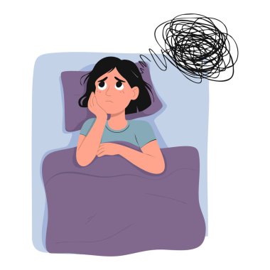 Depresyon, uykusuzluk ve zihinsel bozukluk zihinsel sağlık eğitimi ya da yaratıcı projeler için uygunluk taslayan bir kadın yatakta uyuyamaz.